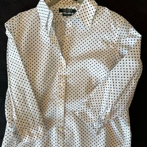 Lauren white blouse with navy polka dot, classic look